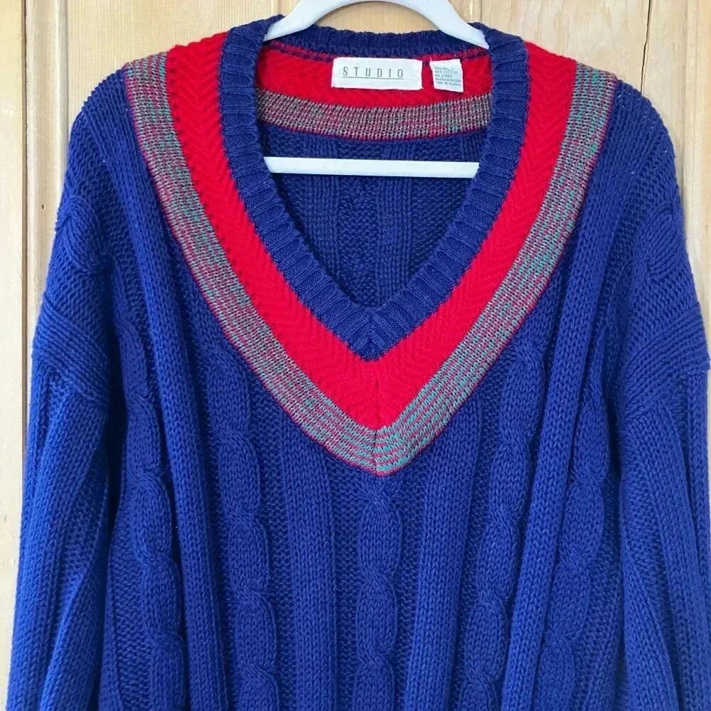 Studio Womens Vintage 90s Tennis V-Neck Cable Knit Sweater Large Purple FA EXC